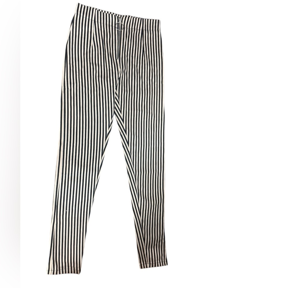 Motel white pants with black vertical stripes size small with o ring zipper